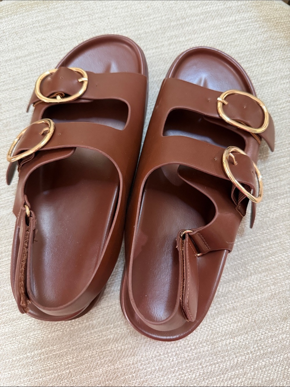 Women's Brown Double-Buckle Slide Sandals